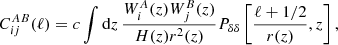 $$ \begin{aligned} C^{AB}_{ij}(\ell ) = c\int \mathrm{d}z\,\frac{W^{A}_i(z)W^{B}_j(z)}{H(z)r^2(z)}P_{\delta \delta }\left[\frac{\ell +1/2}{r(z)},z\right], \end{aligned} $$