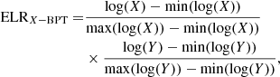$$ \begin{aligned} \mathrm{ELR}_{X-\mathrm{BPT}} =&\frac{\log (X) - \min (\log (X))}{\max (\log (X)) - \min (\log (X))} \nonumber \\&\times \frac{\log (Y) - \min (\log (Y))}{\max (\log (Y)) - \min (\log (Y))}, \end{aligned} $$
