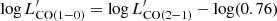$ \log L^\prime_{\rm CO(1-0)} =\log L^\prime_{\rm CO(2-1)} -\log(0.76) $