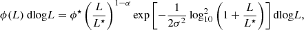 $$ \begin{aligned} \phi (L)~\mathrm{dlog}L=\phi ^{\star }\left(\frac{L}{L^{\star }}\right)^{1-\alpha } \exp \left[-\frac{1}{2\sigma ^2}\log _{10}^2\left(1+\frac{L}{L^{\star }}\right)\right]\mathrm{dlog}L, \end{aligned} $$