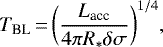 \begin{equation*} T_{\textrm{BL}} \,{=}\, \bigg(\frac{L_{\textrm{acc}}}{4 \pi R_* \delta \sigma}\bigg)^{1/4}, \end{equation*}