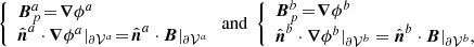 $$ \begin{aligned} \left\{ \begin{array}{ll} \boldsymbol{B}_{p}^{a}\!=\! \boldsymbol{\nabla }\phi ^{a} \\ \hat{\boldsymbol{n}}^{a}\cdot \boldsymbol{\nabla }\phi ^{a}|_ {\partial \mathcal{V} ^{a}} \! =\! \hat{\boldsymbol{n}}^{a} \cdot \boldsymbol{B}|_ {\partial \mathcal{V} ^{a}} \end{array} \right. \mathrm{and} \ \left\{ \begin{array}{ll} \boldsymbol{B}_{p}^{b}\!= \!\boldsymbol{\nabla }\phi ^{b} \\ \hat{\boldsymbol{n}}^{b}\cdot \boldsymbol{\nabla }\phi ^{b}|_ {\partial \mathcal{V} ^{b}} = \hat{\boldsymbol{n}}^{b} \cdot \boldsymbol{B}|_ {\partial \mathcal{V} ^{b}} , \end{array} \right. \end{aligned} $$