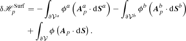 $$ \begin{aligned} &\delta \fancyscript {H}_{p} ^\mathrm{Surf}= - \int _{ {\partial \mathcal{V} ^{a}} }\phi ^{a} \left( \boldsymbol{A}_{p}^{a}\cdot \mathrm{d}\boldsymbol{S}^{a}\right) -\int _{ {\partial \mathcal{V} ^{b}} }\phi ^{b} \left( \boldsymbol{A}_{p}^{b}\cdot \mathrm{d}\boldsymbol{S}^{b}\right) \nonumber \\&\qquad \qquad + \int _{{\partial \mathcal{V} }}\phi \left( \boldsymbol{A}_{p}\cdot \mathrm{d}\boldsymbol{S}\right) . \end{aligned} $$