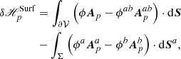 $$ \begin{aligned}&\delta \fancyscript {H}_{p} ^\mathrm{Surf} = \int _{{\partial \mathcal{V} }}\left( \phi \boldsymbol{A}_{p}-\phi ^{ab}\boldsymbol{A}_{p}^{ab} \right) \cdot \mathrm{d}\boldsymbol{S}\nonumber \\&\qquad \qquad - \int _{\Sigma }\left( \phi ^{a}\boldsymbol{A}_{p}^{a}-\phi ^{b}\boldsymbol{A}_{p}^{b}\right) \cdot \mathrm{d}\boldsymbol{S}^{a} , \end{aligned} $$