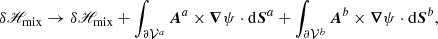 $$ \begin{aligned} \delta \fancyscript {H}_{\rm mix}\rightarrow \delta \fancyscript {H}_{\rm mix}+ \int _{ {\partial \mathcal{V} ^{a}} }\boldsymbol{A}^{a}\times \boldsymbol{\nabla }\psi \cdot \mathrm{d}\boldsymbol{S}^{a}+ \int _{ {\partial \mathcal{V} ^{b}} }\boldsymbol{A}^{b}\times \boldsymbol{\nabla }\psi \cdot \mathrm{d}\boldsymbol{S}^{b}, \end{aligned} $$