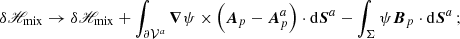 $$ \begin{aligned} \delta \fancyscript {H}_{\rm mix}\rightarrow \delta \fancyscript {H}_{\rm mix}+ \int _{ {\partial \mathcal{V} ^{a}} }\boldsymbol{\nabla }\psi \times \left(\boldsymbol{A}_{p}-\boldsymbol{A}_{p}^{a}\right) \cdot \mathrm{d}\boldsymbol{S}^{a}- \int _{\Sigma }\psi \boldsymbol{B}_{p}\cdot \mathrm{d}\boldsymbol{S}^{a}\, ; \nonumber \end{aligned} $$