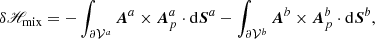 $$ \delta \fancyscript {H}_{\rm mix}= - \int _{\partial \mathcal{V} ^{a}}\boldsymbol{A}^{a}\times \boldsymbol{A}_{p}^{a}\cdot \mathrm{d}\boldsymbol{S}^{a}- \int _{\partial \mathcal{V} ^{b}}\boldsymbol{A}^{b}\times \boldsymbol{A}_{p}^{b}\cdot \mathrm{d}\boldsymbol{S}^{b}, $$