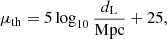 $$ \begin{aligned} \mu _{\rm th} = 5 \log _{10} \frac{d_{\rm L}}{\mathrm{Mpc}} + 25, \end{aligned} $$