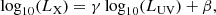 $$ \begin{aligned} \log _{10}(L_{\rm X}) = \gamma \log _{10}(L_{\rm UV}) + \beta , \end{aligned} $$