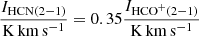 $$ \begin{aligned} \frac{I_{\mathrm{HCN}(2{-}1)}}{\mathrm{K\,km\,s^{-1}}} = 0.35 \frac{I_{\mathrm{HCO}^+(2-1)}}{\mathrm{K\,km\,s^{-1}}} \end{aligned} $$