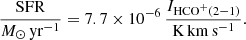 $$ \begin{aligned} \frac{\mathrm{SFR}}{M_\odot \, \mathrm{yr}^{-1}} = 7.7 \times 10^{-6} \, \frac{I_{\mathrm{HCO}^+(2-1)}}{\mathrm{K\,km\,s^{-1}}} .\end{aligned} $$