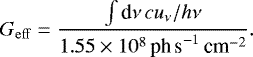 \begin{align*}G_{\rm{eff}} = \frac{\int {\textrm{d}}\nu \, c u_{\nu} / h\nu }{1.55\times 10^8\, \textrm{ph\,s}^{-1}\,\textrm{cm}^{-2}}. \end{align*}