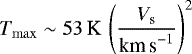 \begin{align*}T_{\rm{max}} \sim 53 \, \textrm{K} \, \left(\frac{V_{\textrm{s}}}{\textrm{km\,s}^{-1}} \right)^2 \end{align*}