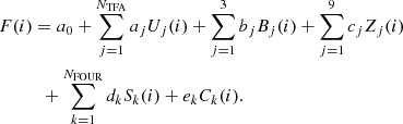 $$ \begin{aligned}&F(i) = a_0 + \sum _{j=1}^{N_{\rm TFA}}a_{j} U_{j}(i) + \sum _{j=1}^{3}b_{j} B_{j}(i) + \sum _{j=1}^{9}c_{j} Z_{j}(i) \nonumber \\&\qquad \quad +\sum _{k=1}^{N_{\rm FOUR}}d_{k} S_{k}(i) + e_{k} C_{k}(i). \end{aligned} $$