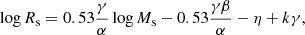 $$ \begin{aligned} \log R_{\rm s} = 0.53 \frac{\gamma }{\alpha } \log M_{\rm s} -0.53 \frac{\gamma \beta }{\alpha } - {\eta } + k \gamma ,\end{aligned} $$