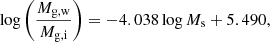 $$ \begin{aligned}&\log \left(\frac{M_{\rm g,w}}{M_{\rm g,i}}\right) = - 4.038\log M_{\rm s} + 5.490 ,\end{aligned} $$