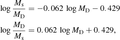 $$ \begin{aligned}&\log \frac{M_{\rm s}}{M_{\rm D}} = -0.062\, \log M_{\rm D} - 0.429 \nonumber \\&\log \frac{M_{\rm D}}{M_{\rm s}} = 0.062\, \log M_{\rm D} + 0.429 ,\end{aligned} $$