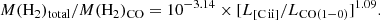 $$ \begin{aligned} M(\mathrm{H}_{2})_{\rm total}/M(\mathrm{H}_{2})_{\rm CO} = 10^{-3.14} \times [{L}_{\rm [C\,ii\mathrm ]}/{L}_{\rm CO(1{-}0)}]^{1.09}. \end{aligned} $$