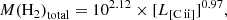$$ \begin{aligned} {M(\mathrm{H}_2)}_{\rm total} = 10^{2.12} \times [{L}_{\rm [C\,ii\mathrm ]}]^{0.97}, \end{aligned} $$