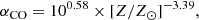 $$ \begin{aligned} \alpha _{\rm CO} = 10^{0.58} \times [Z/Z_\odot ]^{-3.39}, \end{aligned} $$