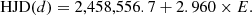 $$ \begin{aligned} \mathrm{HJD} (d) = 2,458,556.7 + 2.960\times E. \end{aligned} $$