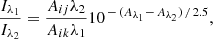 $$ \begin{aligned} \frac{I_{\lambda _1}}{I_{\lambda _2}} = \frac{A_{ij} \lambda _2}{A_{ik} \lambda _1} 10^{\,-\,(A_{\lambda _1}-\,A_{\lambda _2})\,/\,2.5}, \end{aligned} $$