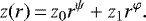 \begin{equation*} z(r)\,{=}\,z_{\mathrm{0}}r^{\psi} &#x002B; z_{\mathrm{1}}r^{\varphi}. \end{equation*}