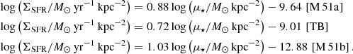 $$ \begin{aligned}&\log \left(\Sigma _{\rm SFR}/{M}_\odot \,\mathrm{yr}^{-1}\,\mathrm{kpc}^{-2}\right) = 0.88 \log \left(\mu _\star /{M}_\odot \,\mathrm{kpc}^{-2}\right) -9.64 \, \left[\mathrm{M\,51a}\right]\\ &\log \left(\Sigma _{\rm SFR}/{M}_\odot \,\mathrm{yr}^{-1}\,\mathrm{kpc}^{-2}\right) = 0.72 \log \left(\mu _\star /{M}_\odot \,\mathrm{kpc}^{-2}\right) -9.01 \, \left[\mathrm{TB}\right]\\ &\log \left(\Sigma _{\rm SFR}/{M}_\odot \,\mathrm{yr}^{-1}\,\mathrm{kpc}^{-2}\right) = 1.03 \log \left(\mu _\star /{M}_\odot \,\mathrm{kpc}^{-2}\right) -12.88 \, \left[\mathrm{M\,51b}\right]. \end{aligned} $$