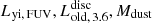 $ L_{\mathrm{yi,\,FUV}}, L_{\mathrm{old,\,3.6}}^{\mathrm{disc}}, M_{\mathrm{dust}} $