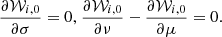 $$ \begin{aligned} \frac{\partial \mathcal{W} _{i,0}}{\partial \sigma }=0\mathrm ,\ \frac{\partial \mathcal{W} _{i,0}}{\partial \nu }-\frac{\partial \mathcal{W} _{i,0}}{\partial \mu }=0\mathrm{.} \end{aligned} $$
