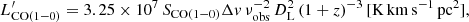 $$ \begin{aligned} L^{\prime }_{\rm CO(1{-}0)} = 3.25 \times 10^7\,S_{\rm CO(1{-}0)} \Delta { v}\, \nu _{\rm obs}^{-2}\, D^2_{\rm L}\, (1+z)^{-3}\, \mathrm{[K\,km\,s^{-1}\,pc^2]}, \end{aligned} $$