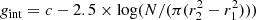 $$ \begin{aligned} g_{\rm int} = c - 2.5\times \log (N/(\pi (r_2^2 - r_1^2))) \end{aligned} $$