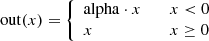 $$ \begin{aligned} \mathrm{out}(x)=\left\{ \begin{array}{ll} \mathrm{alpha} \cdot x&\quad x< 0\\ x&\quad x \ge 0\\ \end{array}\right. \end{aligned} $$
