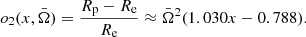 $$ \begin{aligned} o_2(x,\bar{\Omega }) = \frac{R_{\mathrm{p} }-R_{\mathrm{e} }}{R_{\mathrm{e} }}\approx \bar{\Omega }^2(1.030x-0.788). \end{aligned} $$