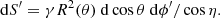 $$ \begin{aligned} \mathrm{d} S^{\prime }=\gamma R^2(\theta )\ \mathrm{d}\cos \theta \ \mathrm{d}\phi ^{\prime }/\cos \eta . \end{aligned} $$