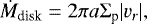 \begin{align*} \dot{M}_{\textrm{disk}}=2\pi a\Sigma_{\textrm{p}}|v_{r}|,\end{align*}