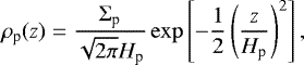 \begin{align*} \rho_{\textrm{p}}(z)=\frac{\Sigma_{\textrm{p}}}{\sqrt{2\pi}H_{\textrm{p}}}\exp\left[-\frac{1}{2}\left(\frac{z}{H_{\textrm{p}}}\right)^{2}\right],\end{align*}