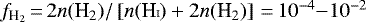 ${f_{\text{H}_{2}}\,{=}\,2n(\text{H}_{2})/\left[n(\text{H{\tiny I}})&#x002B;2n(\text{H}_{2})\right]\,{=}\,10^{-4}{-}10^{-2}}$
