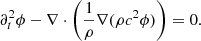 $$ \begin{aligned} \partial _t^2 \phi - \nabla \cdot \left( \frac{1}{\rho } \nabla (\rho c^2 \phi ) \right) = 0. \end{aligned} $$
