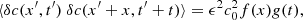 $$ \begin{aligned} \langle \delta c (x^{\prime },t^{\prime })\ \delta c (x^{\prime }+x,t^{\prime }+t) \rangle = \epsilon ^2 c_0^2 f(x) g(t), \end{aligned} $$