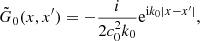 $$ \begin{aligned} \tilde{G}_0(x,x^{\prime }) = -\frac{i}{2c_0^2k_0}\mathrm{e}^{\mathrm{i}k_0|x-x^{\prime }|}, \end{aligned} $$