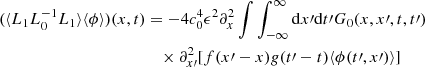 $$ \begin{aligned} (\langle L_1L_0^{-1}L_1\rangle \langle \phi \rangle ) (x,t)&= -4c_0^4\epsilon ^2 \partial _x^2 \int \int _{-\infty }^\infty \mathrm{d} x\prime \mathrm{d} t\prime G_0(x,x\prime ,t,t\prime ) \ \nonumber \\&\quad \times \partial _{x\prime }^2[ f(x\prime -x)g(t\prime -t) \langle \phi (t\prime ,x\prime ) \rangle ] \end{aligned} $$