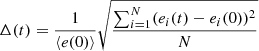 $$ \begin{aligned} \Delta (t) = \frac{1}{\langle e(0) \rangle } \sqrt{\frac{\sum _{i=1}^N (e_i(t) - e_i(0))^2}{N}} \end{aligned} $$