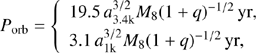 $$ \begin{aligned} P_{\rm orb}=\left\{ \begin{array}{l} 19.5\,a_{\rm 3.4k}^{3/2}M_{8}(1+q)^{-1/2}\,\mathrm{yr},\\ 3.1\,a_{\rm 1k}^{3/2}M_{8}(1+q)^{-1/2}\,\mathrm{yr}, \end{array}\right. \end{aligned} $$