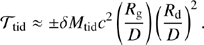 $$ \begin{aligned} \mathcal{T}_{\rm tid}\approx \pm \delta M_{\rm tid}c^{2}\left(\frac{R_{\rm g}}{D}\right)\left(\frac{R_{\rm d}}{D}\right)^{2}. \end{aligned} $$