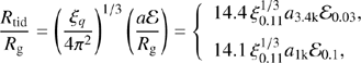 $$ \begin{aligned} \frac{R_{\rm tid}}{R_{\rm g}}=\left(\frac{\xi _{q}}{4\pi ^{2}}\right)^{1/3} \left(\frac{a\mathcal{E}}{R_{\rm g}}\right) =\left\{ \begin{array}{l} 14.4\,\xi _{0.11}^{1/3}a_{\rm 3.4k}\mathcal{E} _{0.03},\\ 14.1\,\xi _{0.11}^{1/3}a_{\rm 1k}\mathcal{E} _{0.1}, \end{array}\right. \end{aligned} $$
