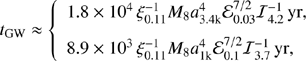 $$ \begin{aligned} t_{\rm GW}\approx \left\{ \begin{array}{l} 1.8\times 10^{4}\,\xi _{0.11}^{-1}M_{8}a_{\rm 3.4k}^{4}\mathcal{E} _{0.03}^{7/2}\mathcal{I} _{4.2}^{-1}\,\mathrm{yr},\\ 8.9\times 10^{3}\,\xi _{0.11}^{-1}M_{8}a_{\rm 1k}^{4}\mathcal{E} _{0.1}^{7/2}\mathcal{I} _{3.7}^{-1}\,\mathrm{yr}, \end{array}\right. \end{aligned} $$