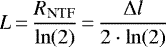 \begin{equation*} L\,{=}\,\frac{R_{\textrm{NTF}}}{\ln(2)}\,{=}\,\frac{\Delta l}{2\cdot \ln(2)} \end{equation*}