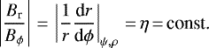 \begin{equation*} \left| \frac{B_{\textrm{r}}}{B_{\phi}}\right| \,{=}\,\left|\frac{1}{r} \frac{\textrm{d}r}{\textrm{d}\phi} \right|_{\psi,\rho}\,{=}\,\eta\,{=}\,\text{const.}\end{equation*}