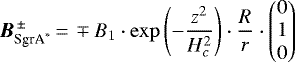 \begin{equation*} {\vec B}_{\textrm{SgrA}^*}^{\,{\pm}\,}\,{=}\,\mp B_1\cdot\exp\left(- \frac{z^2}{H_c^2} \right)\cdot\frac{R}{r}\cdot \begin{pmatrix} 0\\ 1\\ 0 \end{pmatrix} \end{equation*}